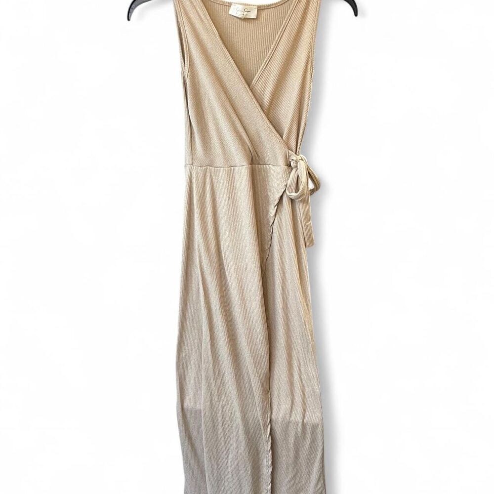 Tan wrap maxi dress with tie waist size small.